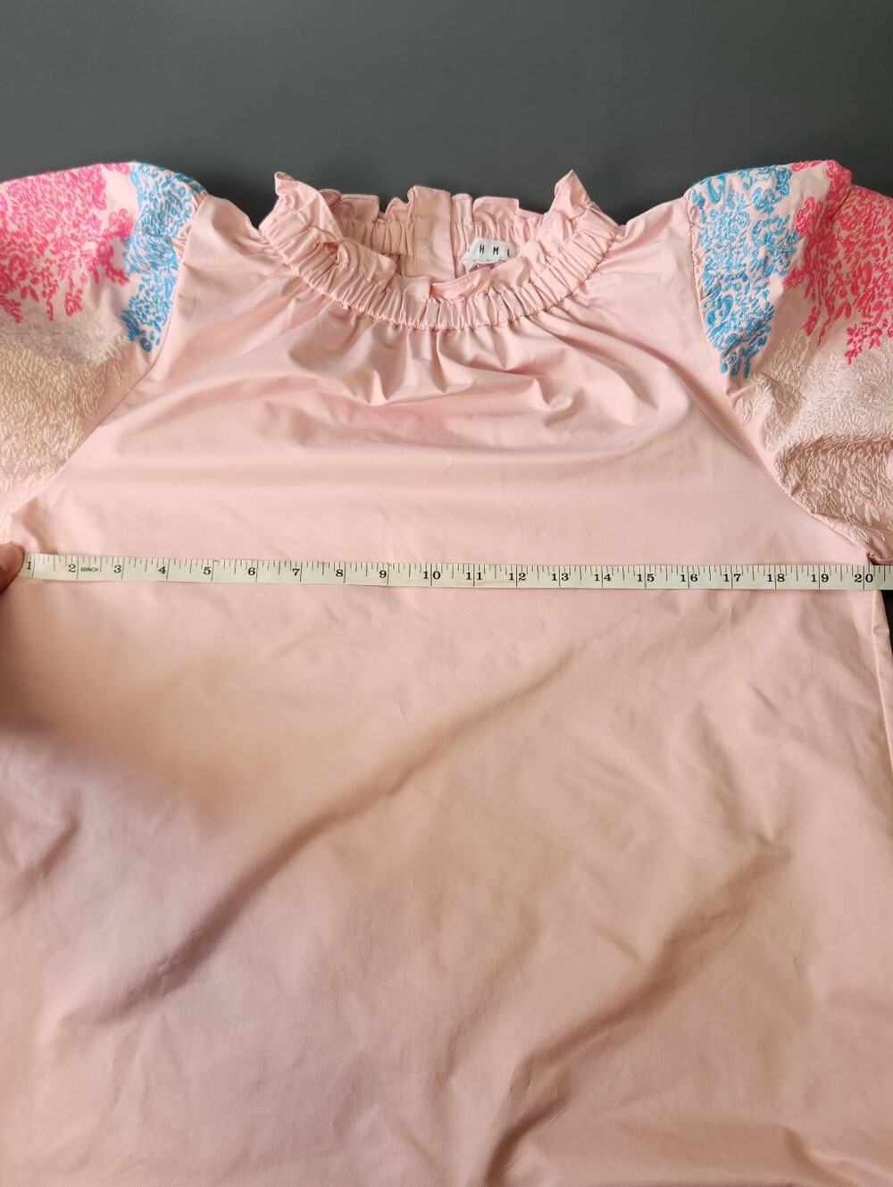 THML Pink Embroidered Puff Sleeve Button Back Blouse Large Ruffled Neck Festival - Picture 7 of 11